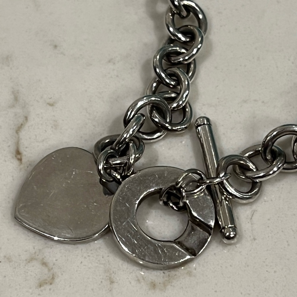 Tiffany & Co. Silver Heart Tag Toggle Necklace on Blue - Picture 5 of 10